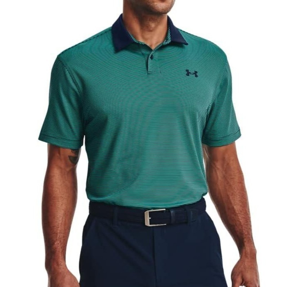 Under Armour Performance Polo Golf Green Striped Loose Fit Shirt Small Stretch